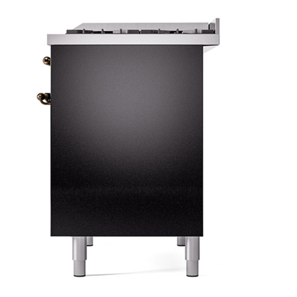 ILVE UPD40FQNMPBKBLP Nostalgie II 40 inch Dual Fuel Range with Double Ovens, 6 Burners and Griddle (Liquid Propane, Solid Door, Glossy Black, Burnished) 8 ILVE_UPD40FQNMPBKBLP_Nostalgie_II_Right_Angle