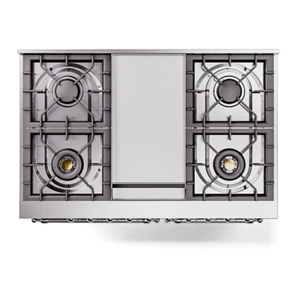 ILVE UPD40FQNMPBKCLP Nostalgie II 40 inch Dual Fuel Range with Double Ovens, 6 Burners and Griddle (Liquid Propane, Solid Door, Glossy Black, Chrome) 6 ILVE_UPD40FQNMPBKCLP_Nostalgie_II_top_view