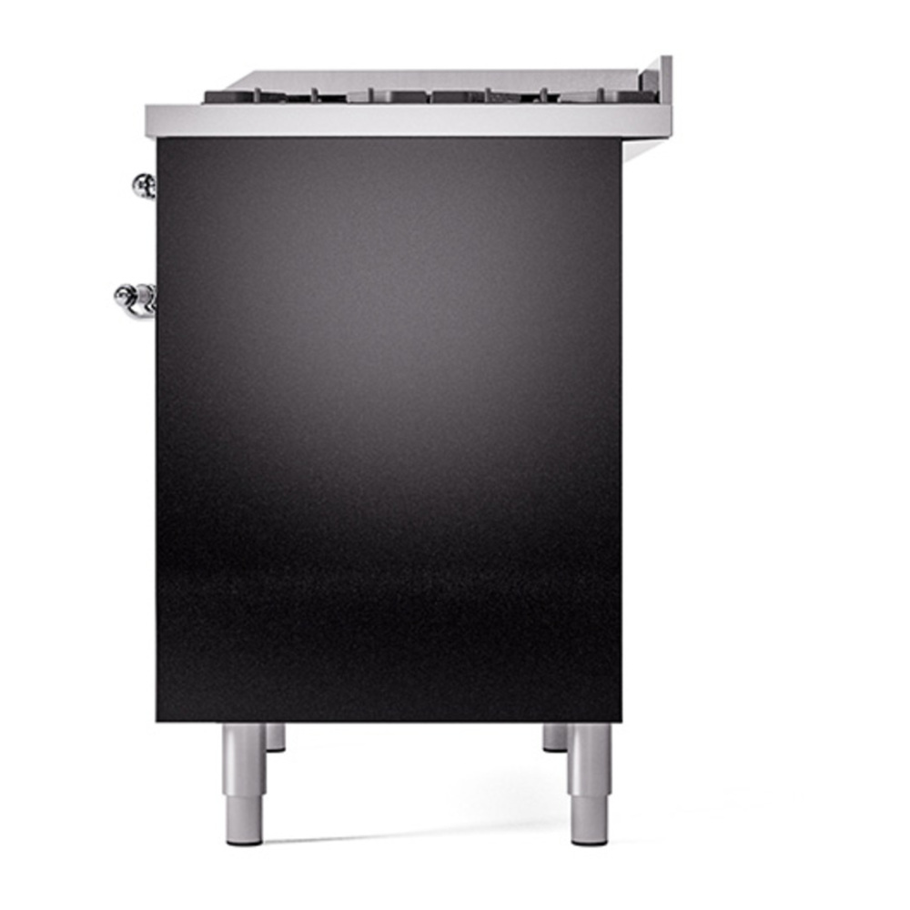 ILVE UPD40FQNMPBKCLP Nostalgie II 40 inch Dual Fuel Range with Double Ovens, 6 Burners and Griddle (Liquid Propane, Solid Door, Glossy Black, Chrome) 8 ILVE_UPD40FQNMPBKCLP_Nostalgie_II_Right_Angle
