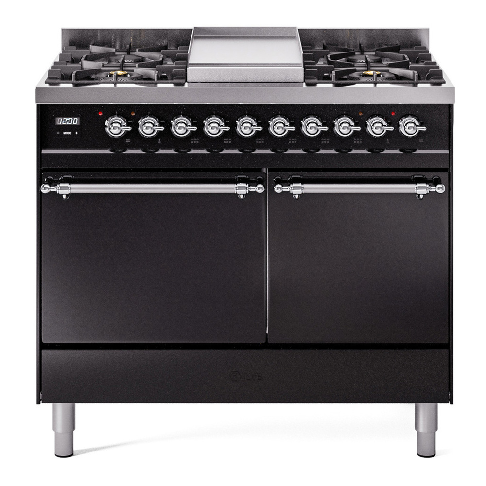 ILVE UPD40FQNMPBKC Nostalgie II 40 inch Dual Fuel Range with Double Ovens, 6 Burners and Griddle (Natural Gas, Solid Door, Glossy Black, Chrome) 1 UPD40FQNMPBKC