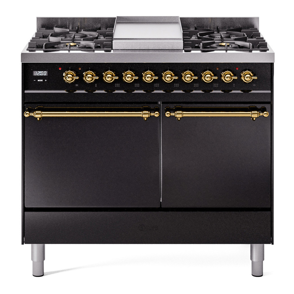 ILVE UPD40FQNMPBKGLP Nostalgie II 40 inch Dual Fuel Range with Double Ovens, 6 Burners and Griddle (Liquid Propane, Solid Door, Glossy Black, Brass) 1 UPD40FQNMPBKGLP