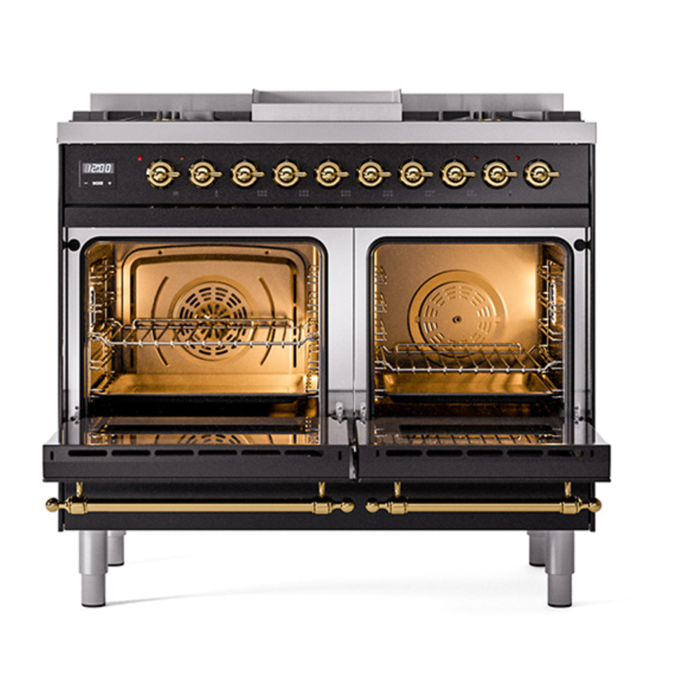 ILVE UPD40FQNMPBKGLP Nostalgie II 40 inch Dual Fuel Range with Double Ovens, 6 Burners and Griddle (Liquid Propane, Solid Door, Glossy Black, Brass) 5 ILVE_UPD40FQNMPBKGLP_Nostalgie_II_oven_door_opened