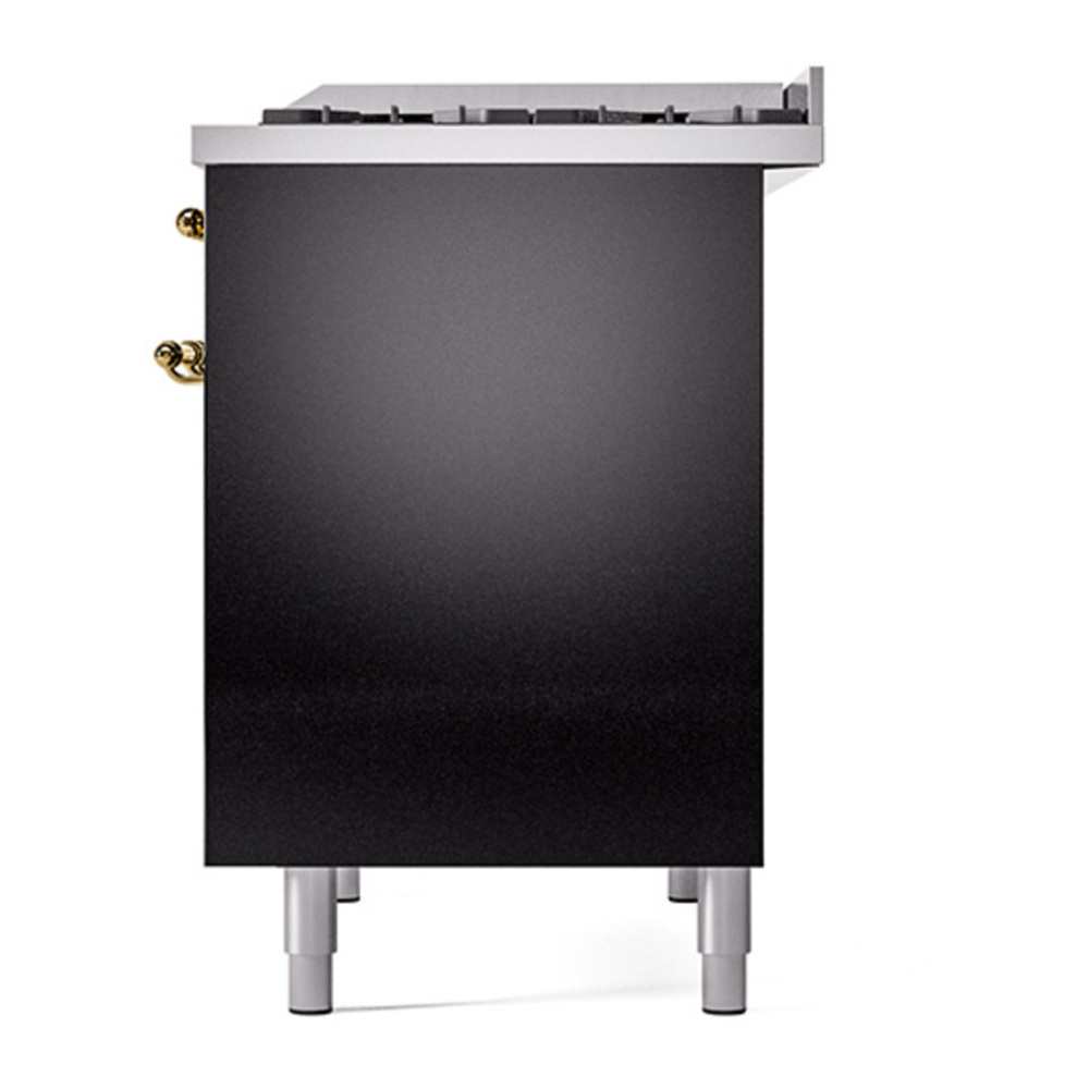 ILVE UPD40FQNMPBKGLP Nostalgie II 40 inch Dual Fuel Range with Double Ovens, 6 Burners and Griddle (Liquid Propane, Solid Door, Glossy Black, Brass) 8 ILVE_UPD40FQNMPBKGLP_Nostalgie_II_Right_Angle