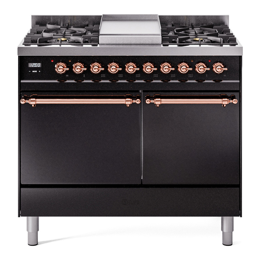 ILVE UPD40FQNMPBKPLP Nostalgie II 40 inch Dual Fuel Range with Double Ovens, 6 Burners and Griddle (Liquid Propane, Solid Door, Glossy Black, Copper) 1 UPD40FQNMPBKPLP
