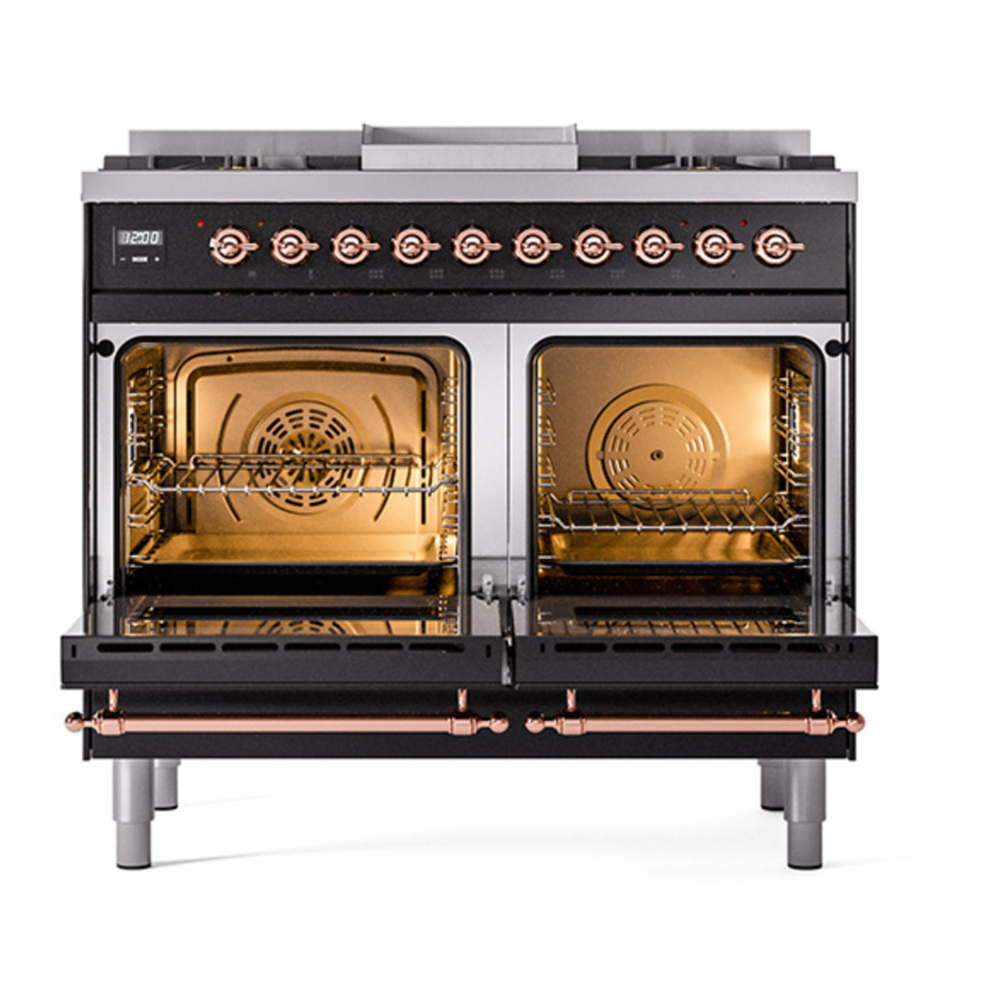 ILVE UPD40FQNMPBKPLP Nostalgie II 40 inch Dual Fuel Range with Double Ovens, 6 Burners and Griddle (Liquid Propane, Solid Door, Glossy Black, Copper) 5 ILVE_UPD40FQNMPBKPLP_Nostalgie_II_oven_door_opened
