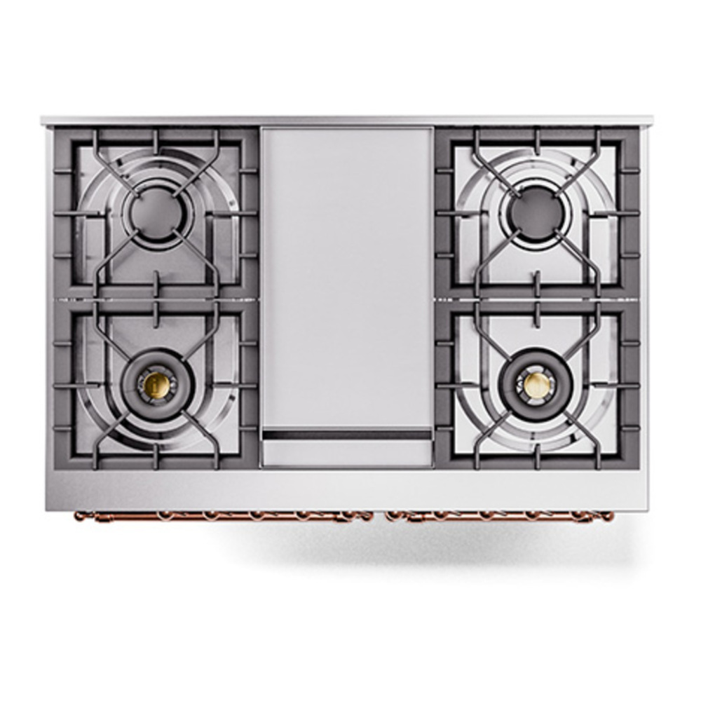 ILVE UPD40FQNMPBKPLP Nostalgie II 40 inch Dual Fuel Range with Double Ovens, 6 Burners and Griddle (Liquid Propane, Solid Door, Glossy Black, Copper) 6 ILVE_UPD40FQNMPBKPLP_Nostalgie_II_top_view