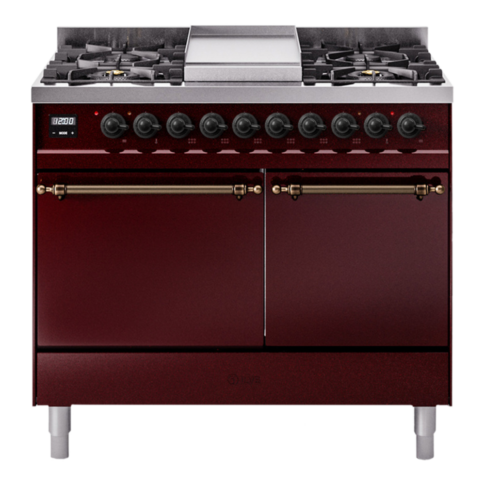 ILVE UPD40FQNMPBUBLP Nostalgie II 40 inch Dual Fuel Range with Double Ovens, 6 Burners and Griddle (Liquid Propane, Solid Door, Burgundy, Burnished) 1 UPD40FQNMPBUBLP
