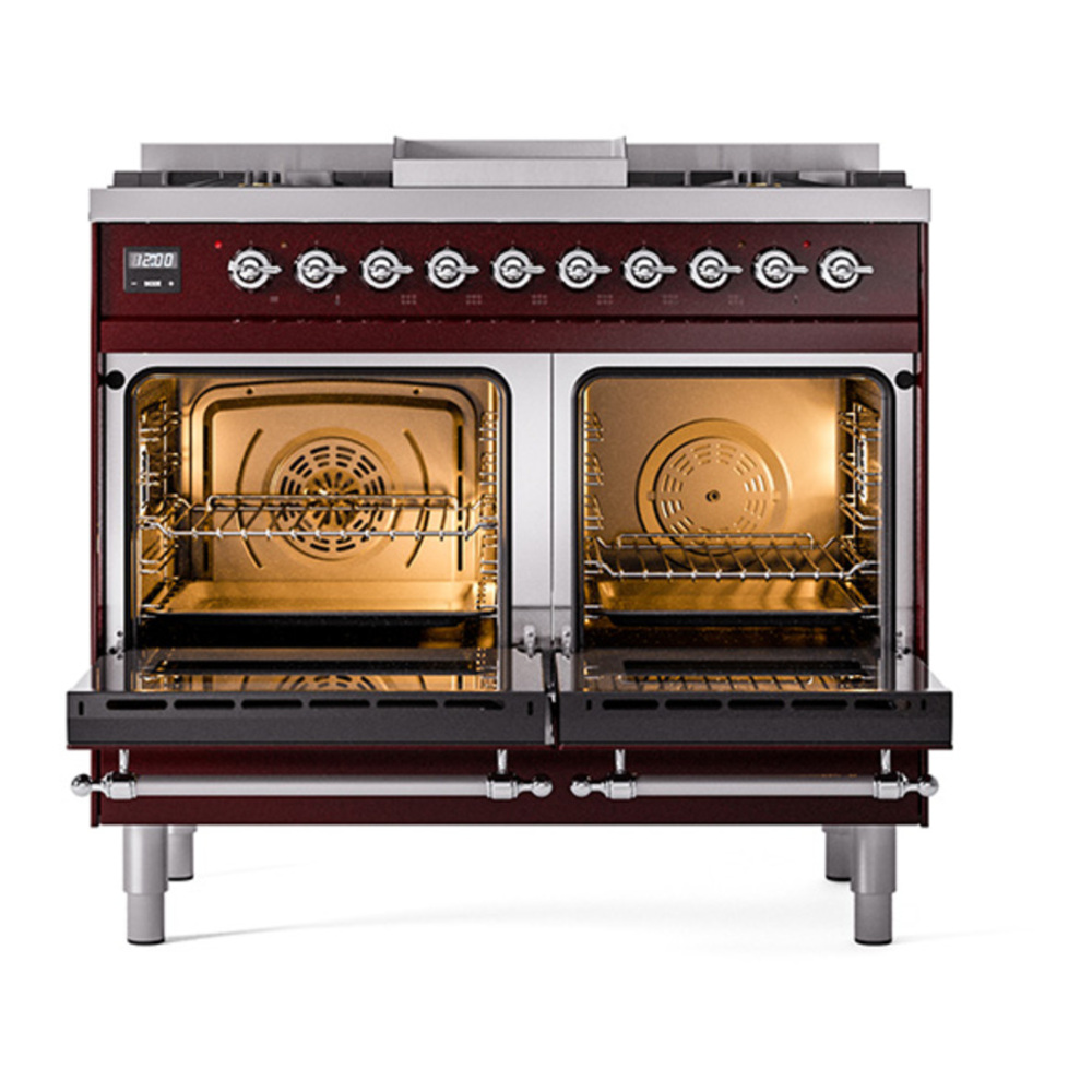 ILVE UPD40FQNMPBUCLP Nostalgie II 40 inch Dual Fuel Range with Double Ovens, 6 Burners and Griddle (Liquid Propane, Solid Door, Burgundy, Chrome) 5 ILVE_UPD40FQNMPBUCLP_Nostalgie_II_oven_door_opened