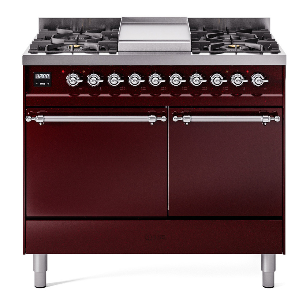 ILVE UPD40FQNMPBUC Nostalgie II 40 inch Dual Fuel Range with Double Ovens, 6 Burners and Griddle (Natural Gas, Solid Door, Burgundy, Chrome) 1 UPD40FQNMPBUC