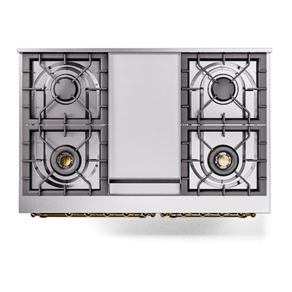 ILVE UPD40FQNMPBUGLP Nostalgie II 40 inch Dual Fuel Range with Double Ovens, 6 Burners and Griddle (Liquid Propane, Solid Door, Burgundy, Brass) 6 ILVE_UPD40FQNMPBUGLP_Nostalgie_II_top_view