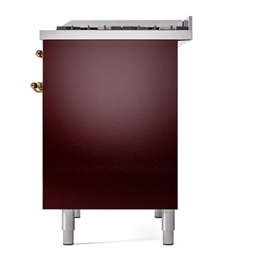 ILVE UPD40FQNMPBUGLP Nostalgie II 40 inch Dual Fuel Range with Double Ovens, 6 Burners and Griddle (Liquid Propane, Solid Door, Burgundy, Brass) 8 ILVE_UPD40FQNMPBUGLP_Nostalgie_II_Right_Angle