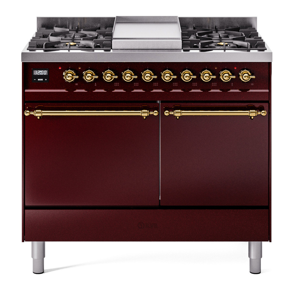 ILVE UPD40FQNMPBUG Nostalgie II 40 inch Dual Fuel Range with Double Ovens, 6 Burners and Griddle (Natural Gas, Solid Door, Burgundy, Brass) 1 UPD40FQNMPBUG