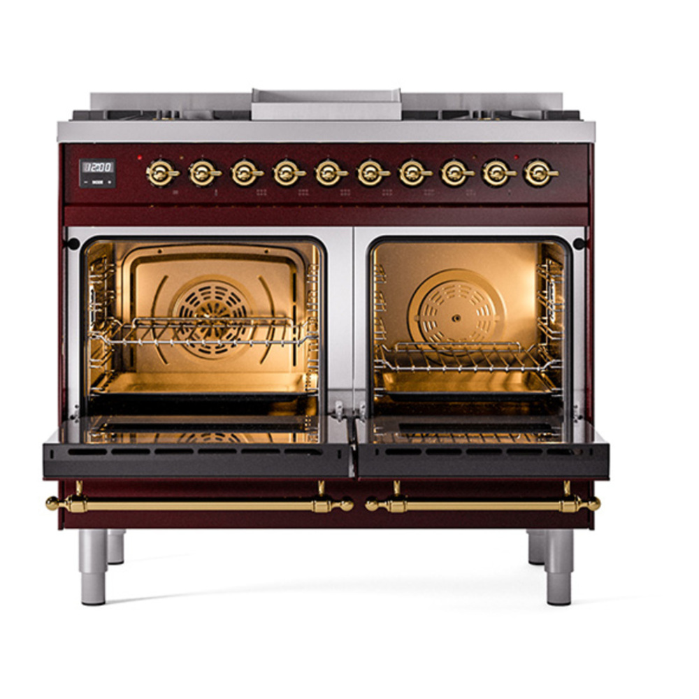 ILVE UPD40FQNMPBUG Nostalgie II 40 inch Dual Fuel Range with Double Ovens, 6 Burners and Griddle (Natural Gas, Solid Door, Burgundy, Brass) 5 ILVE_UPD40FQNMPBUG_Nostalgie_II_oven_door_opened