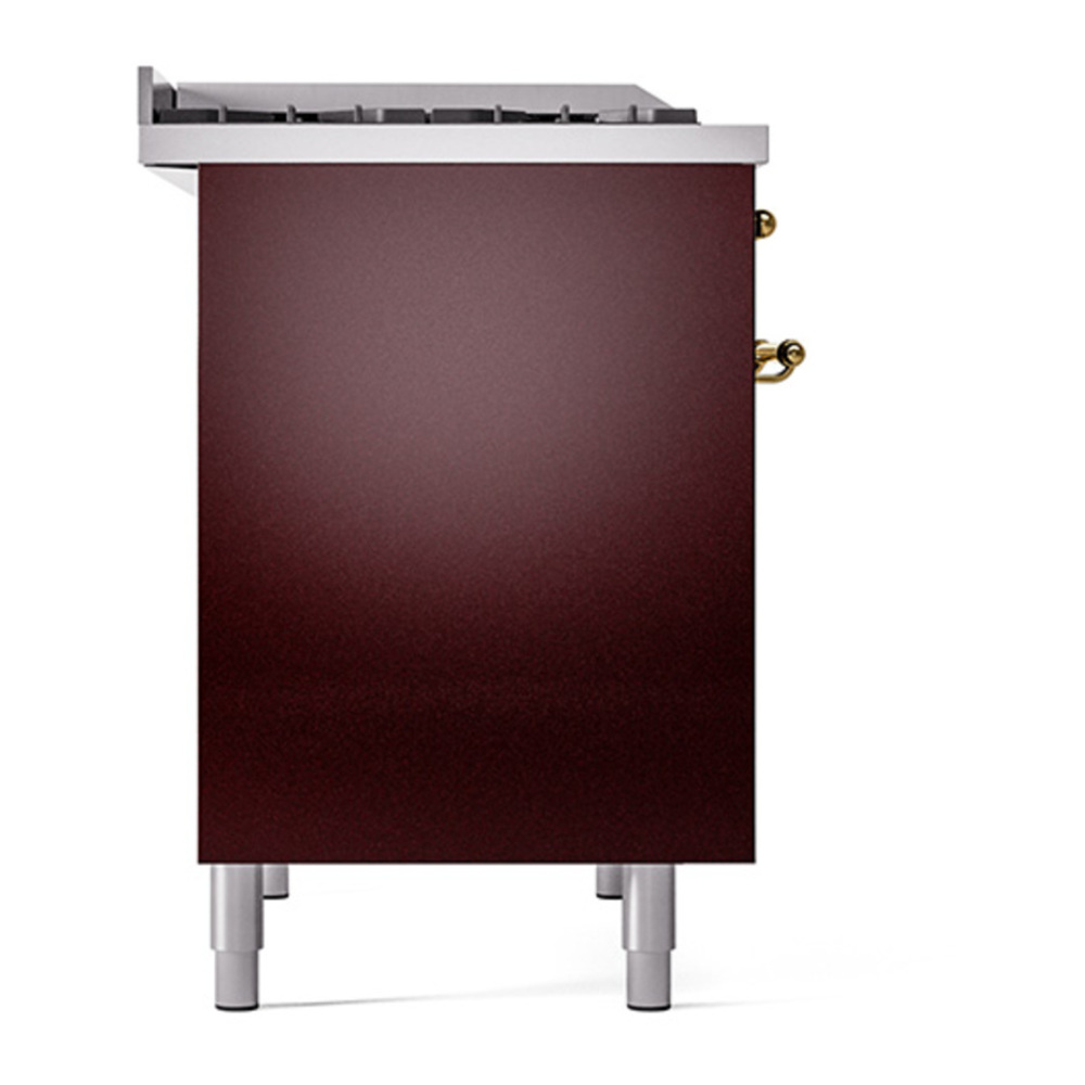 ILVE UPD40FQNMPBUG Nostalgie II 40 inch Dual Fuel Range with Double Ovens, 6 Burners and Griddle (Natural Gas, Solid Door, Burgundy, Brass) 7 ILVE_UPD40FQNMPBUG_Nostalgie_II_Left_Angle