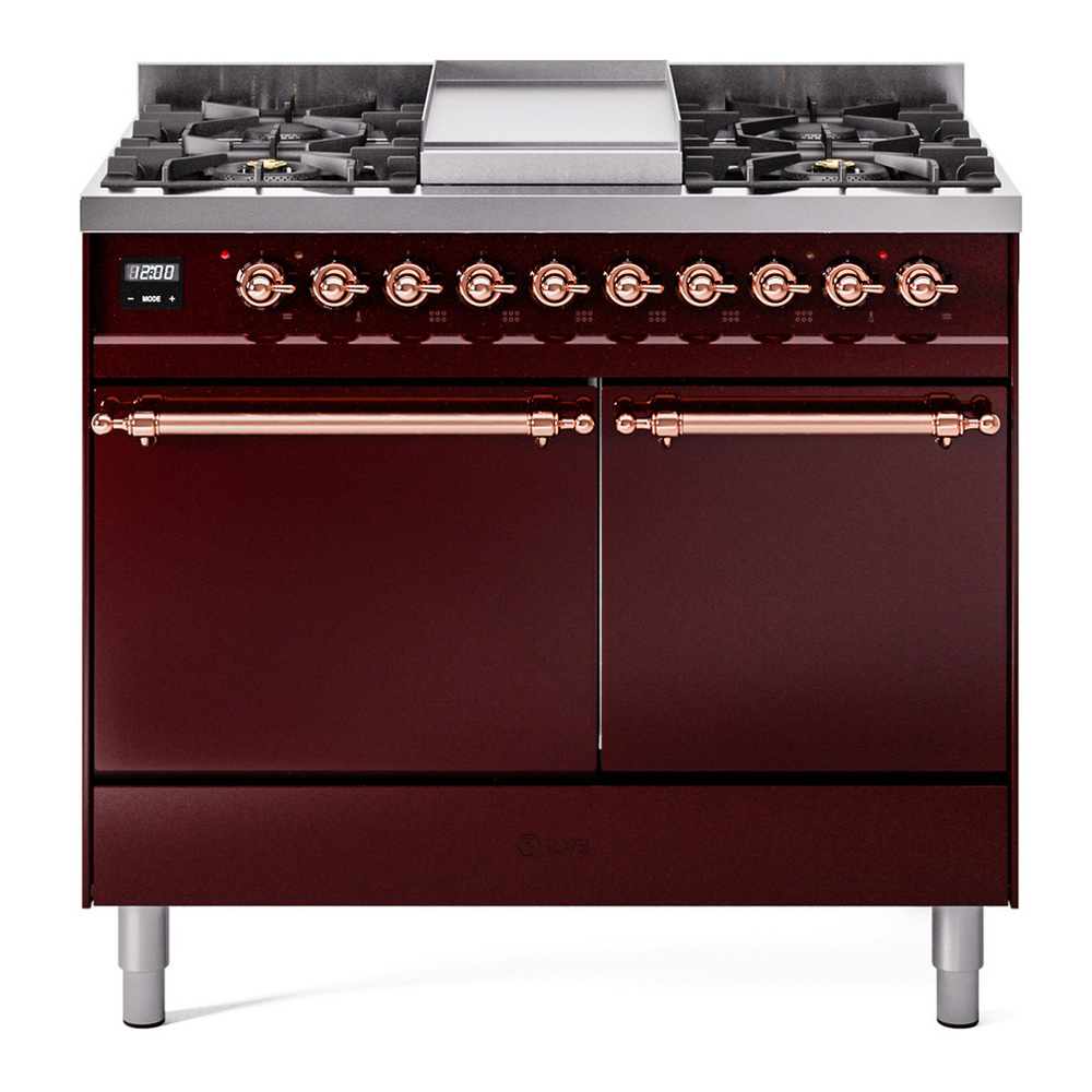 ILVE UPD40FQNMPBUP Nostalgie II 40 inch Dual Fuel Range with Double Ovens, 6 Burners and Griddle (Natural Gas, Solid Door, Burgundy, Copper) 1 UPD40FQNMPBUP