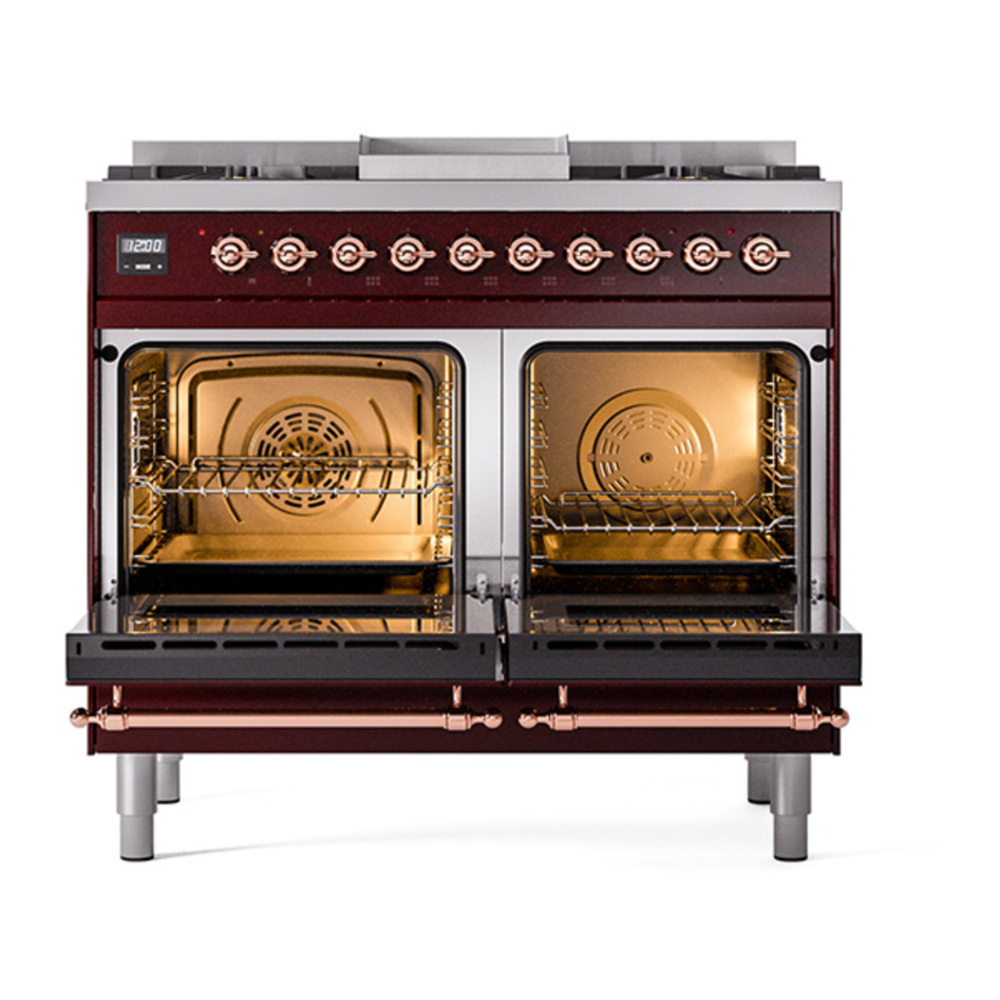 ILVE UPD40FQNMPBUP Nostalgie II 40 inch Dual Fuel Range with Double Ovens, 6 Burners and Griddle (Natural Gas, Solid Door, Burgundy, Copper) 5 ILVE_UPD40FQNMPBUP_Nostalgie_II_oven_door_opened