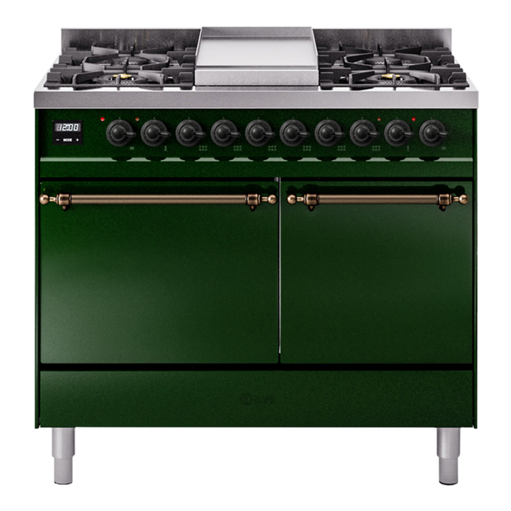ILVE UPD40FQNMPEGBLP Nostalgie II 40 inch Dual Fuel Range with Double Ovens, 6 Burners and Griddle (Liquid Propane, Solid Door, Emerald Green, Burnished) 1 UPD40FQNMPEGBLP