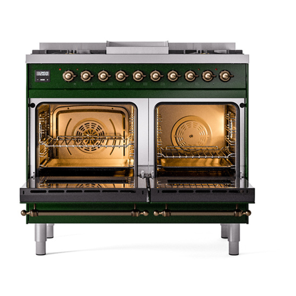 ILVE UPD40FQNMPEGB Nostalgie II 40 inch Dual Fuel Range with Double Ovens, 6 Burners and Griddle (Natural Gas, Solid Door, Emerald Green, Burnished) 5 ILVE_UPD40FQNMPEGB_Nostalgie_II_oven_door_opened