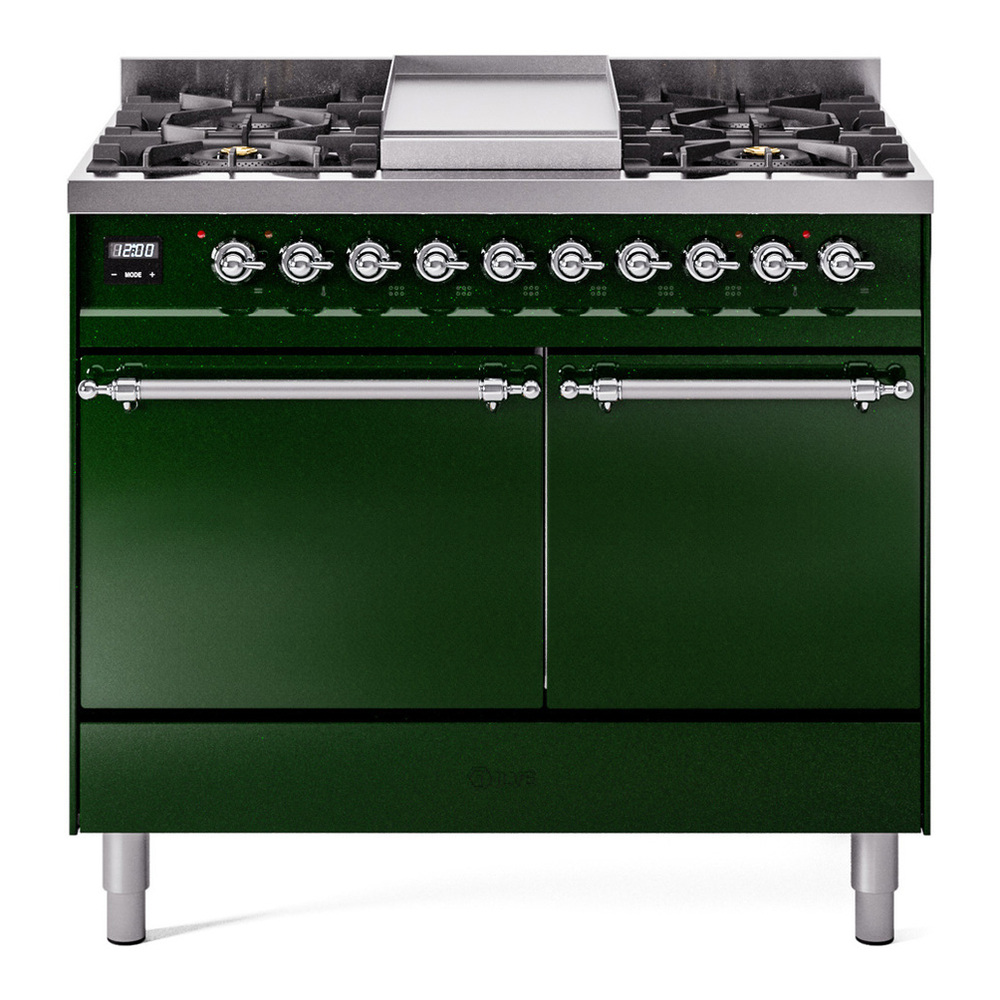 ILVE UPD40FQNMPEGC Nostalgie II 40 inch Dual Fuel Range with Double Ovens, 6 Burners and Griddle (Natural Gas, Solid Door, Emerald Green, Chrome) 1 UPD40FQNMPEGC