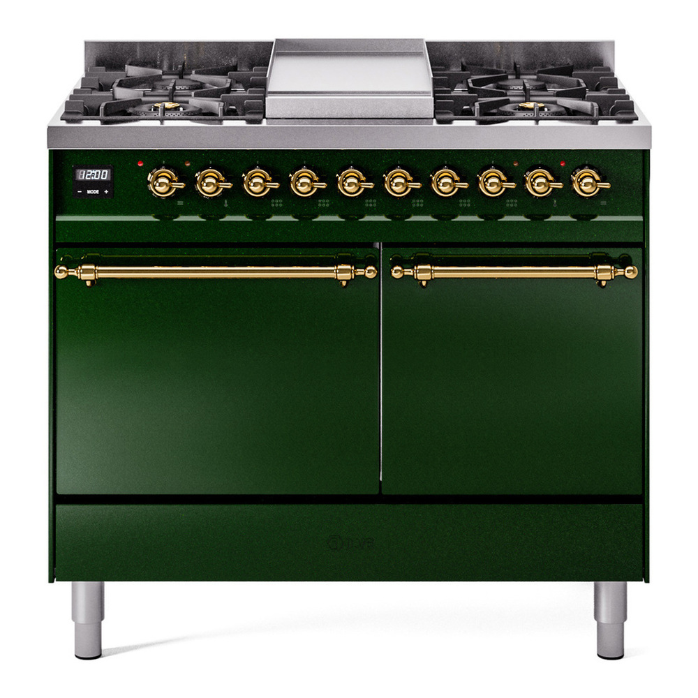 ILVE UPD40FQNMPEGGLP Nostalgie II 40 inch Dual Fuel Range with Double Ovens, 6 Burners and Griddle (Liquid Propane, Solid Door, Emerald Green, Brass) 1 UPD40FQNMPEGGLP