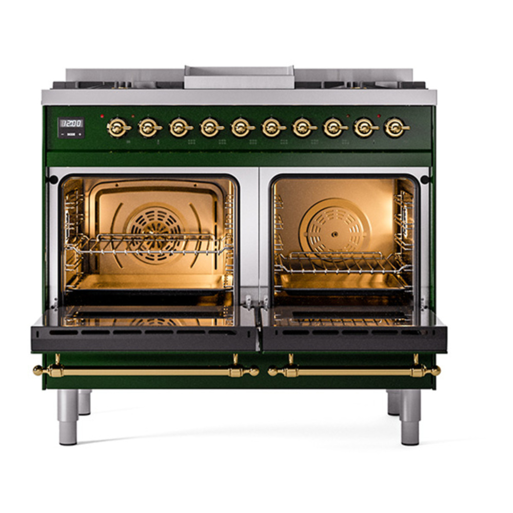 ILVE UPD40FQNMPEGG Nostalgie II 40 inch Dual Fuel Range with Double Ovens, 6 Burners and Griddle (Natural Gas, Solid Door, Emerald Green, Brass) 5 ILVE_UPD40FQNMPEGG_Nostalgie_II_oven_door_opened