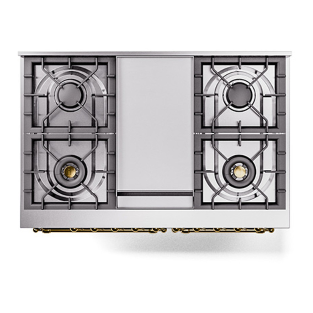 ILVE UPD40FQNMPEGG Nostalgie II 40 inch Dual Fuel Range with Double Ovens, 6 Burners and Griddle (Natural Gas, Solid Door, Emerald Green, Brass) 6 ILVE_UPD40FQNMPEGG_Nostalgie_II_top_view