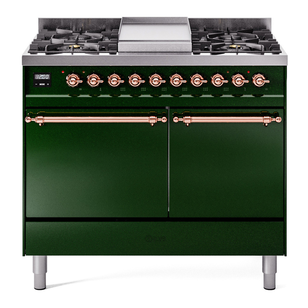 ILVE UPD40FQNMPEGPLP Nostalgie II 40 inch Dual Fuel Range with Double Ovens, 6 Burners and Griddle (Liquid Propane, Solid Door, Emerald Green, Copper) 1 UPD40FQNMPEGPLP
