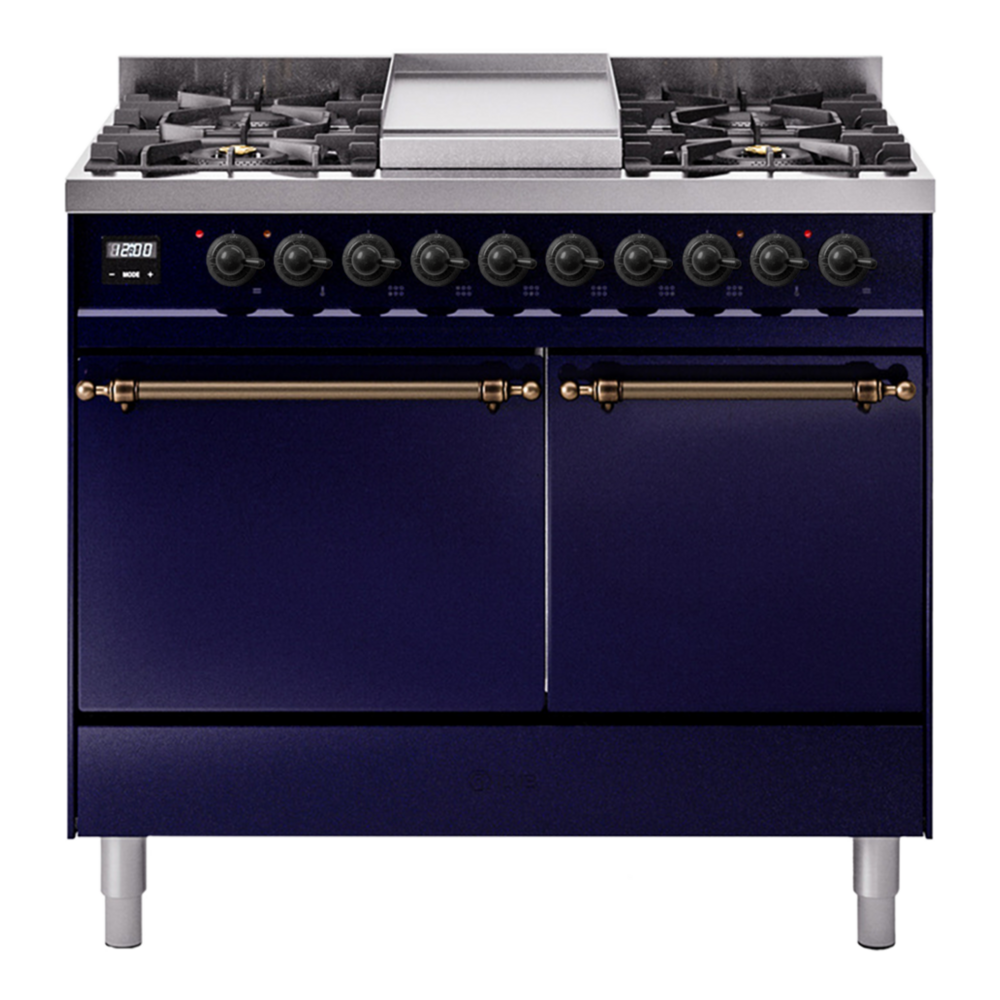 ILVE UPD40FQNMPMBBLP Nostalgie II 40 inch Dual Fuel Range with Double Ovens, 6 Burners and Griddle (Liquid Propane, Solid Door, Midnight Blue, Burnished) 1 UPD40FQNMPMBBLP