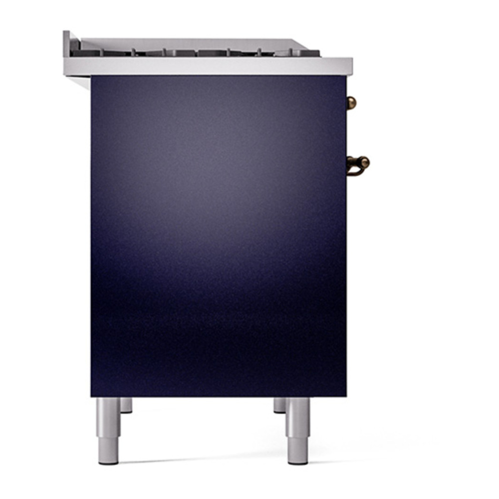 ILVE UPD40FQNMPMBBLP Nostalgie II 40 inch Dual Fuel Range with Double Ovens, 6 Burners and Griddle (Liquid Propane, Solid Door, Midnight Blue, Burnished) 7 ILVE_UPD40FQNMPMBBLP_Nostalgie_II_Left_Angle