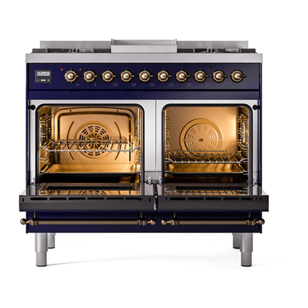 ILVE UPD40FQNMPMBB Nostalgie II 40 inch Dual Fuel Range with Double Ovens, 6 Burners and Griddle (Natural Gas, Solid Door, Midnight Blue, Burnished) 5 ILVE_UPD40FQNMPMBB_Nostalgie_II_oven_door_opened