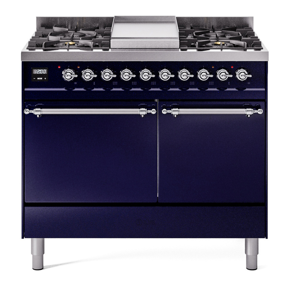 ILVE UPD40FQNMPMBC Nostalgie II 40 inch Dual Fuel Range with Double Ovens, 6 Burners and Griddle (Natural Gas, Solid Door, Midnight Blue, Chrome) 1 UPD40FQNMPMBC