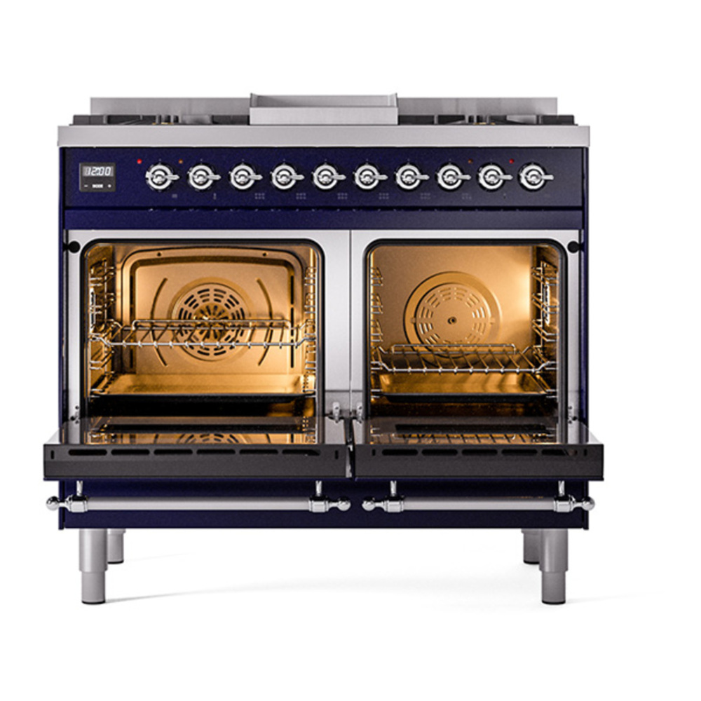 ILVE UPD40FQNMPMBC Nostalgie II 40 inch Dual Fuel Range with Double Ovens, 6 Burners and Griddle (Natural Gas, Solid Door, Midnight Blue, Chrome) 5 ILVE_UPD40FQNMPMBC_Nostalgie_II_oven_door_opened