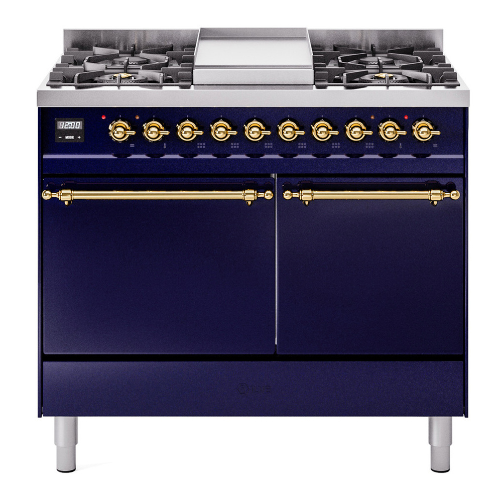ILVE UPD40FQNMPMBGLP Nostalgie II 40 inch Dual Fuel Range with Double Ovens, 6 Burners and Griddle (Liquid Propane, Solid Door, Midnight Blue, Brass) 1 UPD40FQNMPMBGLP