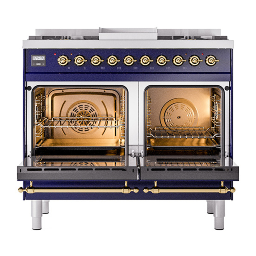 ILVE UPD40FQNMPMBGLP Nostalgie II 40 inch Dual Fuel Range with Double Ovens, 6 Burners and Griddle (Liquid Propane, Solid Door, Midnight Blue, Brass) 5 ILVE_UPD40FQNMPMBGLP_Nostalgie_II_oven_door_opened
