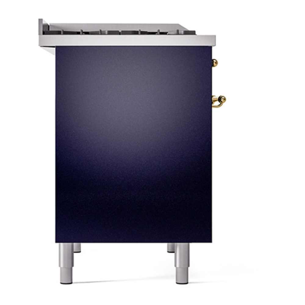ILVE UPD40FQNMPMBGLP Nostalgie II 40 inch Dual Fuel Range with Double Ovens, 6 Burners and Griddle (Liquid Propane, Solid Door, Midnight Blue, Brass) 7 ILVE_UPD40FQNMPMBGLP_Nostalgie_II_Left_Angle