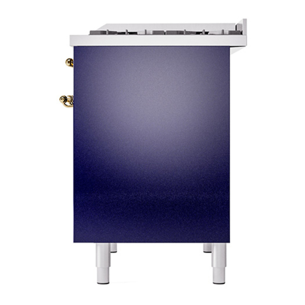ILVE UPD40FQNMPMBGLP Nostalgie II 40 inch Dual Fuel Range with Double Ovens, 6 Burners and Griddle (Liquid Propane, Solid Door, Midnight Blue, Brass) 8 ILVE_UPD40FQNMPMBGLP_Nostalgie_II_Right_Angle