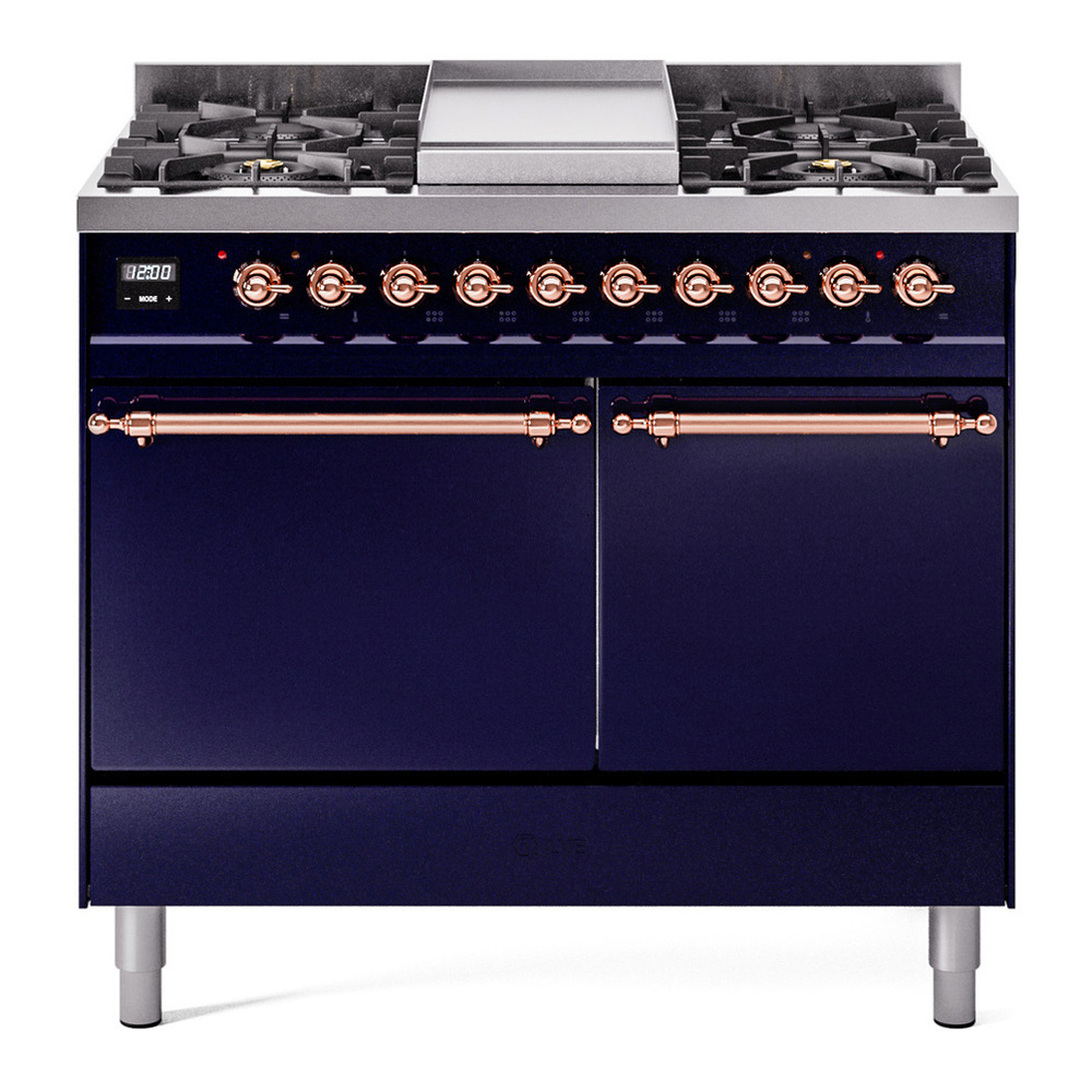 ILVE UPD40FQNMPMBPLP Nostalgie II 40 inch Dual Fuel Range with Double Ovens, 6 Burners and Griddle (Liquid Propane, Solid Door, Midnight Blue, Copper) 1 UPD40FQNMPMBPLP