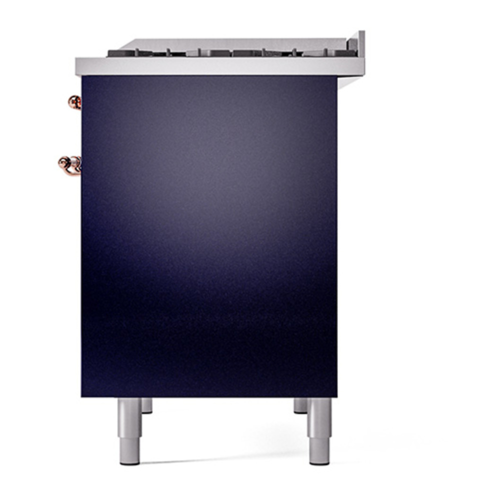 ILVE UPD40FQNMPMBPLP Nostalgie II 40 inch Dual Fuel Range with Double Ovens, 6 Burners and Griddle (Liquid Propane, Solid Door, Midnight Blue, Copper) 8 ILVE_UPD40FQNMPMBPLP_Nostalgie_II_Right_Angle