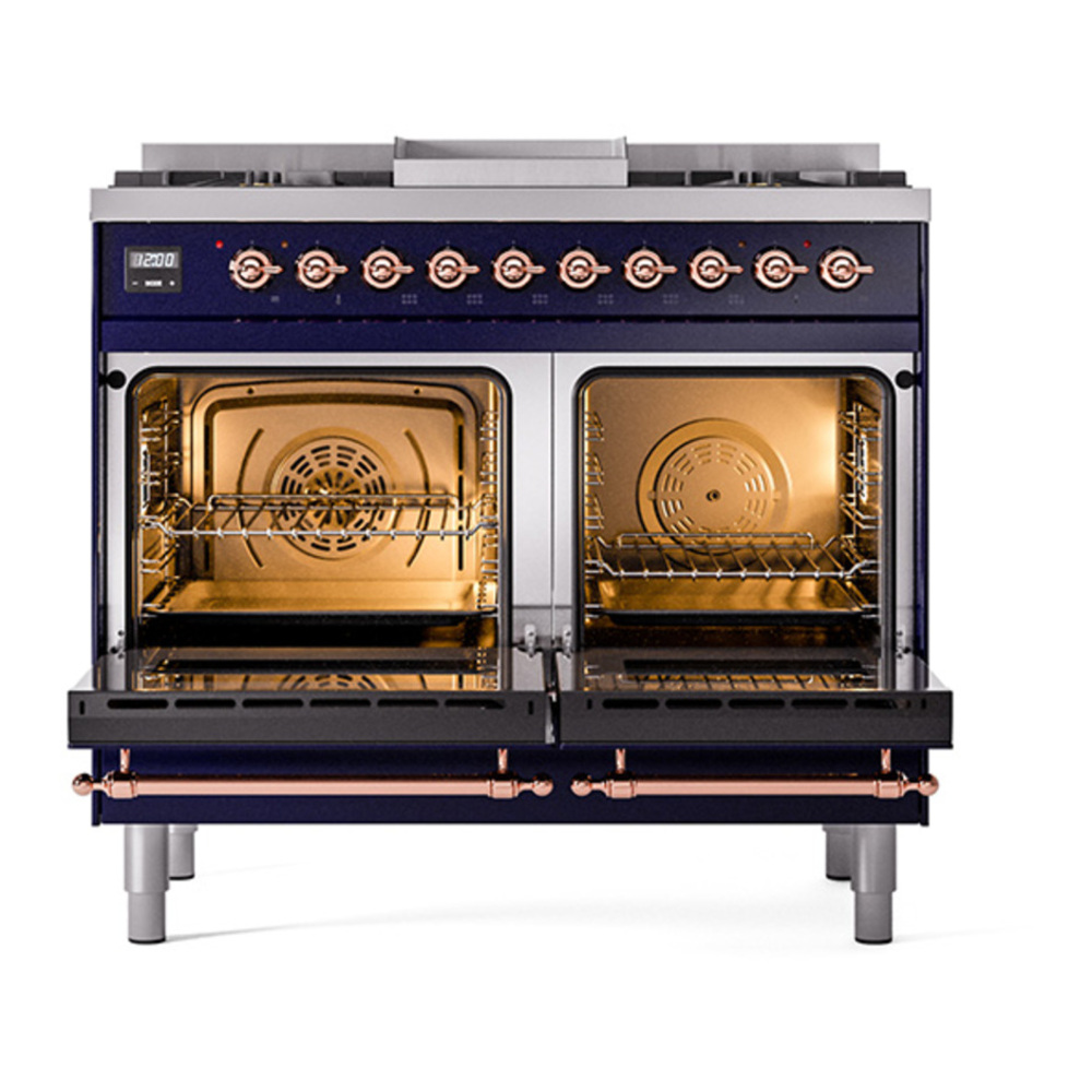 ILVE UPD40FQNMPMBP Nostalgie II 40 inch Dual Fuel Range with Double Ovens, 6 Burners and Griddle (Natural Gas, Solid Door, Midnight Blue, Copper) 5 ILVE_UPD40FQNMPMBP_Nostalgie_II_oven_door_opened