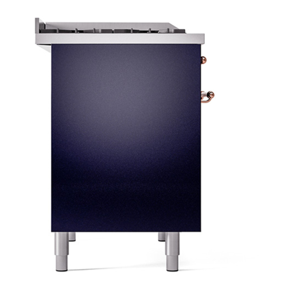 ILVE UPD40FQNMPMBP Nostalgie II 40 inch Dual Fuel Range with Double Ovens, 6 Burners and Griddle (Natural Gas, Solid Door, Midnight Blue, Copper) 7 ILVE_UPD40FQNMPMBP_Nostalgie_II_Left_Angle