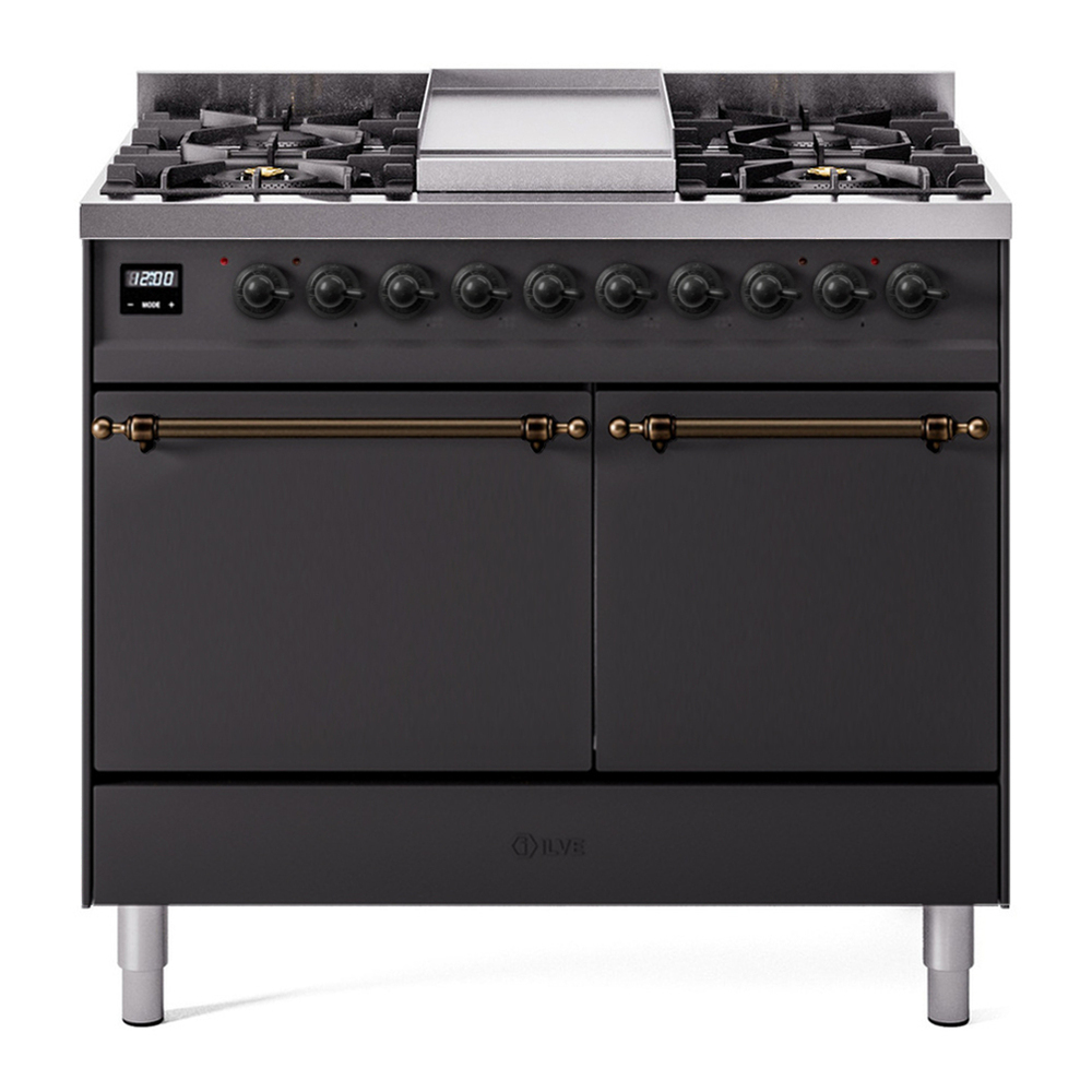 ILVE UPD40FQNMPMGB Nostalgie II 40 inch Dual Fuel Range with Double Ovens, 6 Burners and Griddle (Natural Gas, Solid Door, Graphite Matte, Burnished) 1 UPD40FQNMPMGB