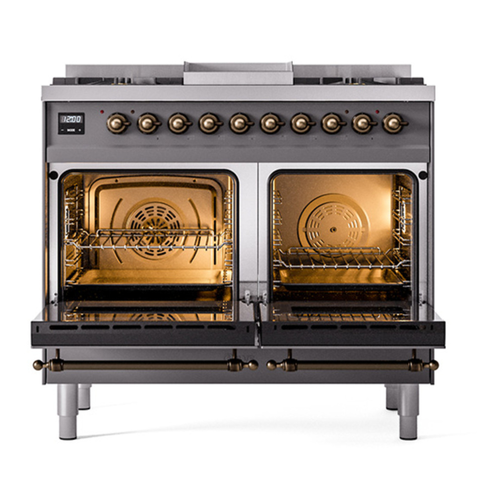 ILVE UPD40FQNMPMGB Nostalgie II 40 inch Dual Fuel Range with Double Ovens, 6 Burners and Griddle (Natural Gas, Solid Door, Graphite Matte, Burnished) 5 ILVE_UPD40FQNMPMGB_Nostalgie_II_oven_door_opened