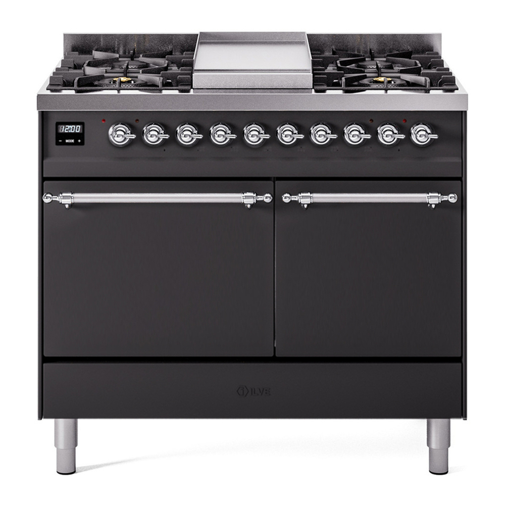 ILVE UPD40FQNMPMGCLP Nostalgie II 40 inch Dual Fuel Range with Double Ovens, 6 Burners and Griddle (Liquid Propane, Solid Door, Graphite Matte, Chrome) 1 UPD40FQNMPMGCLP