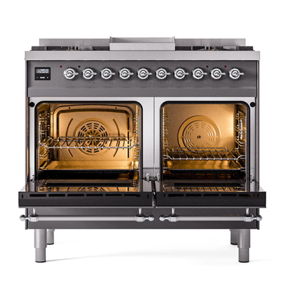 ILVE UPD40FQNMPMGC Nostalgie II 40 inch Dual Fuel Range with Double Ovens, 6 Burners and Griddle (Natural Gas, Solid Door, Graphite Matte, Chrome) 5 ILVE_UPD40FQNMPMGC_Nostalgie_II_oven_door_opened