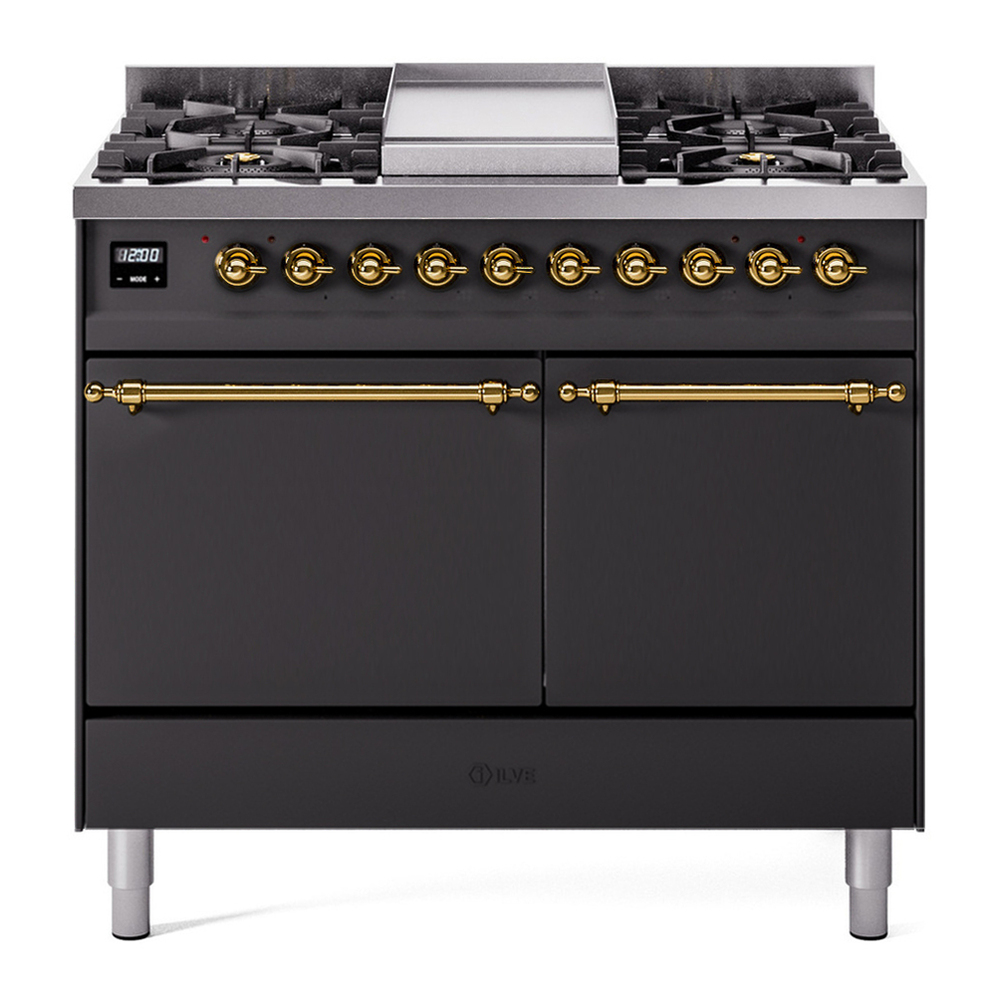 ILVE UPD40FQNMPMGGLP Nostalgie II 40 inch Dual Fuel Range with Double Ovens, 6 Burners and Griddle (Liquid Propane, Solid Door, Graphite Matte, Brass) 1 UPD40FQNMPMGGLP