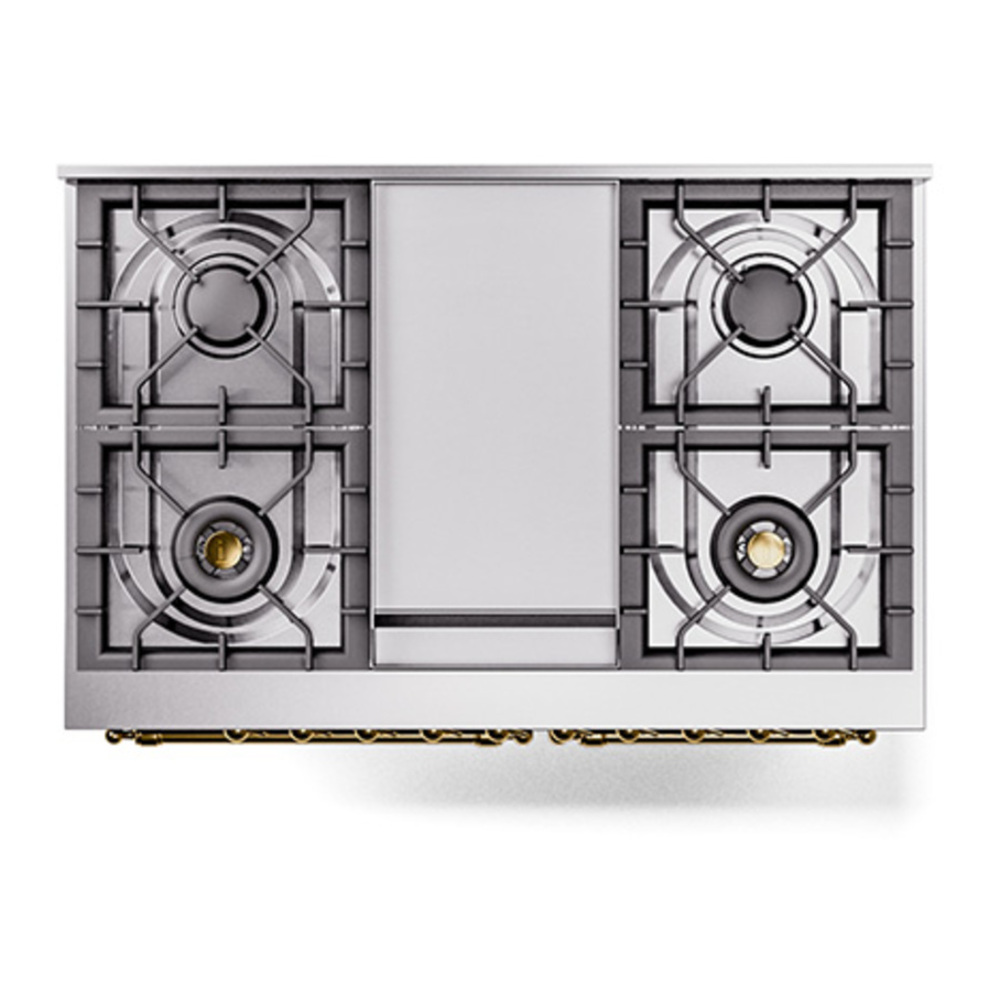 ILVE UPD40FQNMPMGG Nostalgie II 40 inch Dual Fuel Range with Double Ovens, 6 Burners and Griddle (Natural Gas, Solid Door, Graphite Matte, Brass) 6 ILVE_UPD40FQNMPMGG_Nostalgie_II_top_view