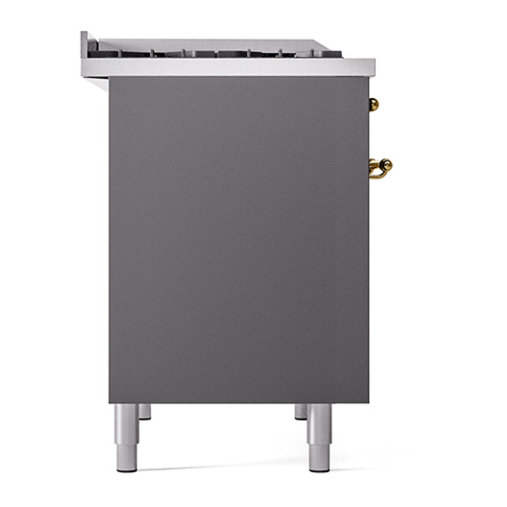 ILVE UPD40FQNMPMGG Nostalgie II 40 inch Dual Fuel Range with Double Ovens, 6 Burners and Griddle (Natural Gas, Solid Door, Graphite Matte, Brass) 7 ILVE_UPD40FQNMPMGG_Nostalgie_II_Left_Angle