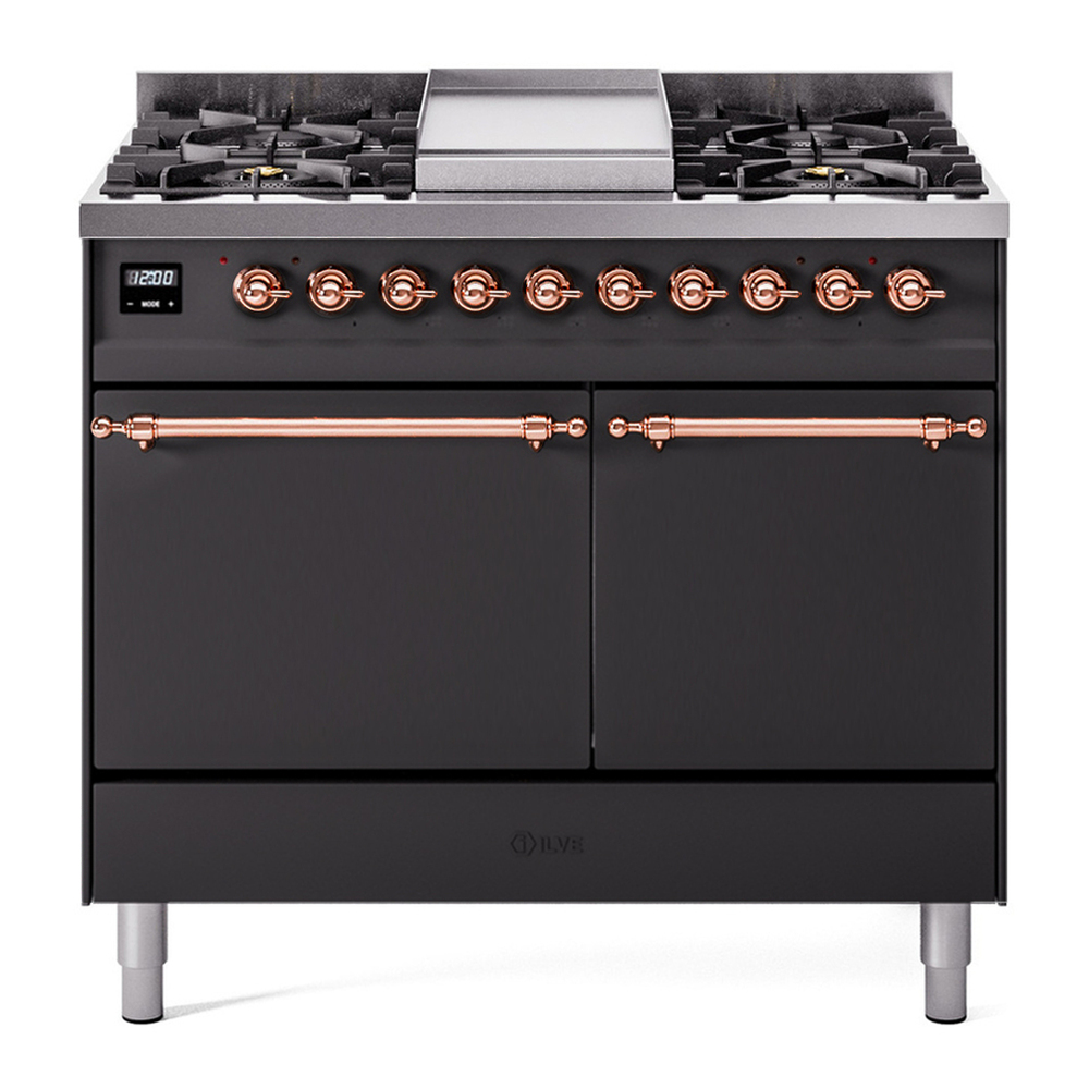 ILVE UPD40FQNMPMGP Nostalgie II 40 inch Dual Fuel Range with Double Ovens, 6 Burners and Griddle (Natural Gas, Solid Door, Graphite Matte, Copper) 1 UPD40FQNMPMGP