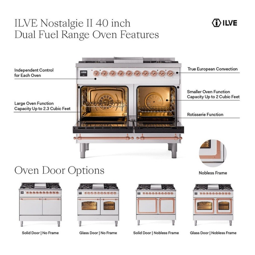 ILVE UPD40FQNMPMMCLP Nostalgie II 40 inch Dual Fuel Range with Double Ovens, 6 Burners and Griddle (Liquid Propane, Solid Door, Mediterranean Mint, Chrome) 3 ILVE UPD40FNMP Nostalgie II 40 inch Dual Fuel Range with Double Ovens, 6 Burners and Griddle