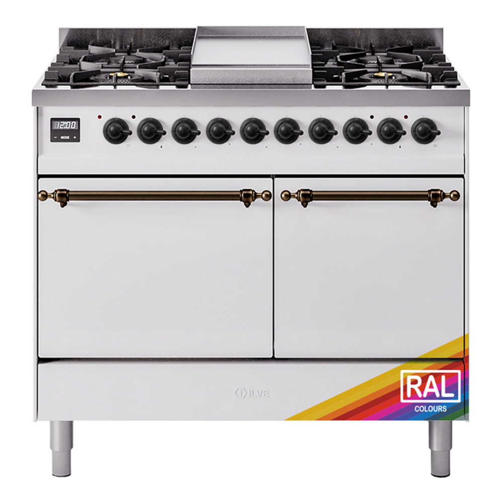 ILVE UPD40FQNMPRAB Nostalgie II 40 inch Dual Fuel Range with Double Ovens, 6 Burners and Griddle (Natural Gas, Solid Door, RAL, Burnished) 1 UPD40FQNMPRAB